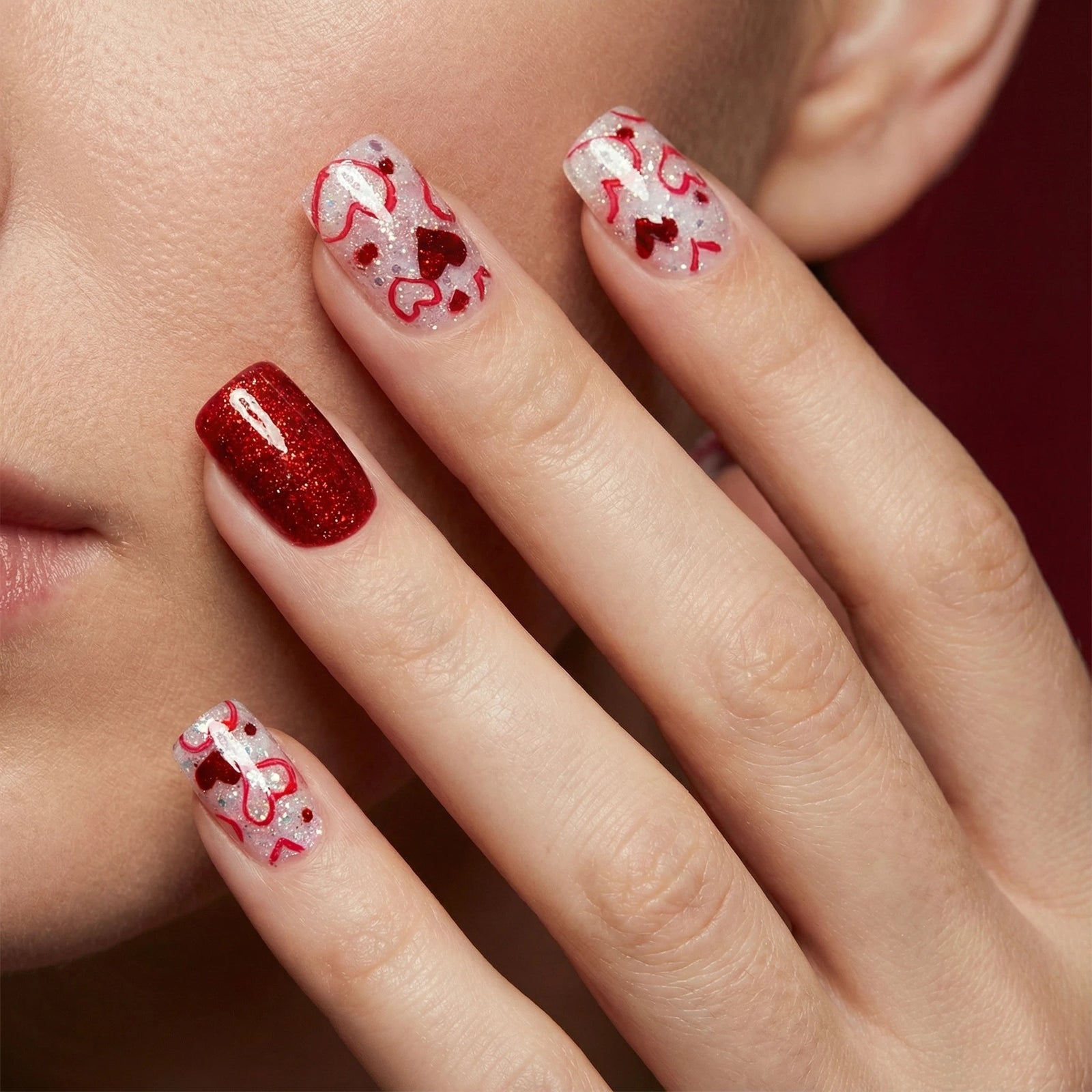 24pcs/Set Short Valentine Red Heart Dots Press On Nails