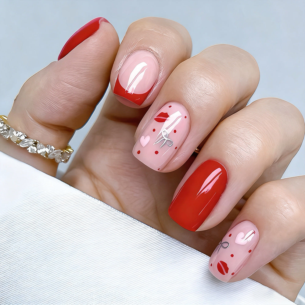 24pcs/Set Valentine's Red Lips & Heart French Press-On Nails