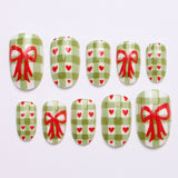 24pcs/Set Short Valentine's Green Plaid with Red Heart & Bow Press-On Nails