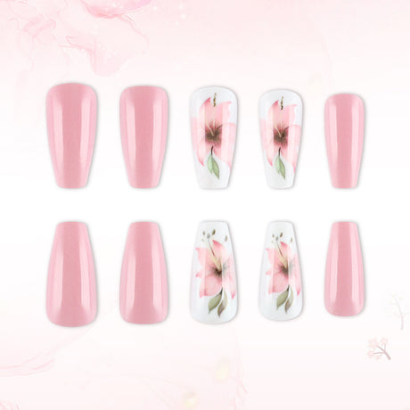 24pcs/Set Pink & White Floral Press-On Nails