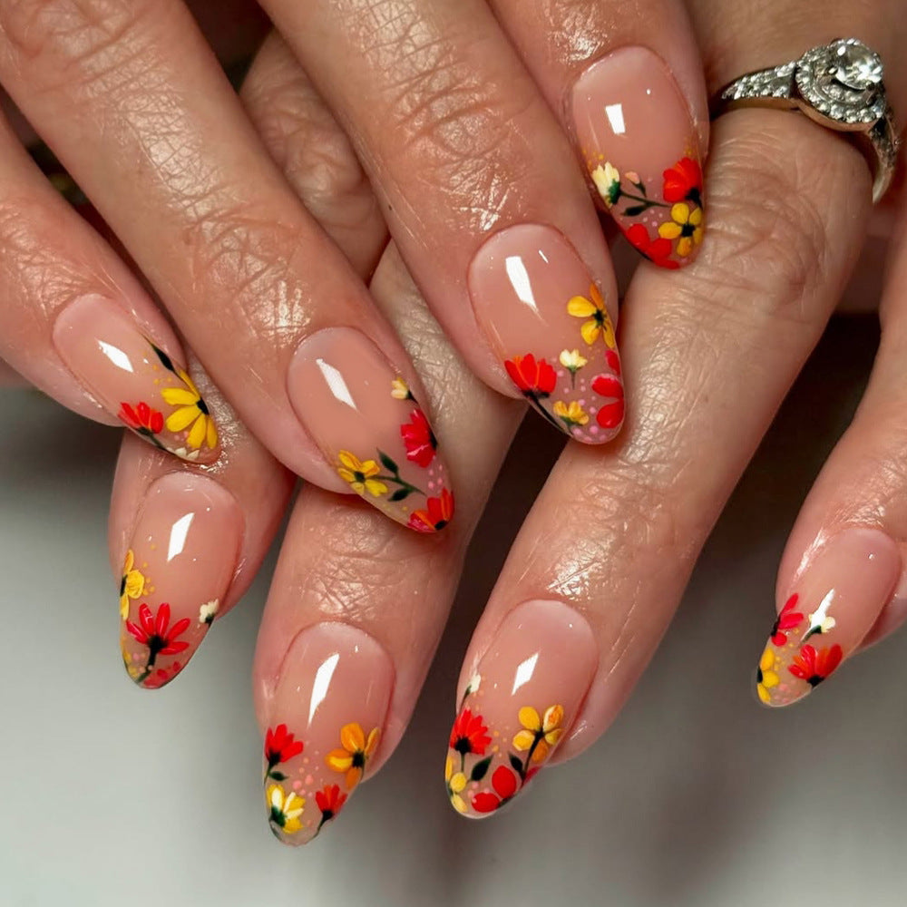 24pcs/Set Multicolor Vibrant Floral French Press-On Nails