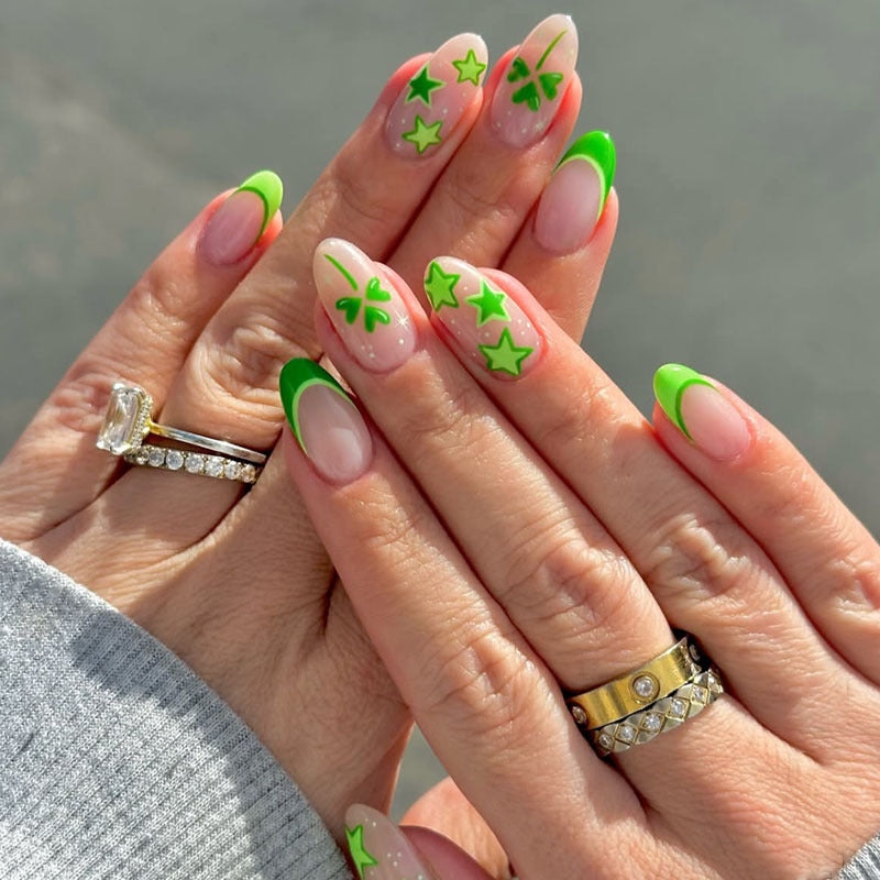 24pcs/Set Green French with Stars & Clover Press-On Nails