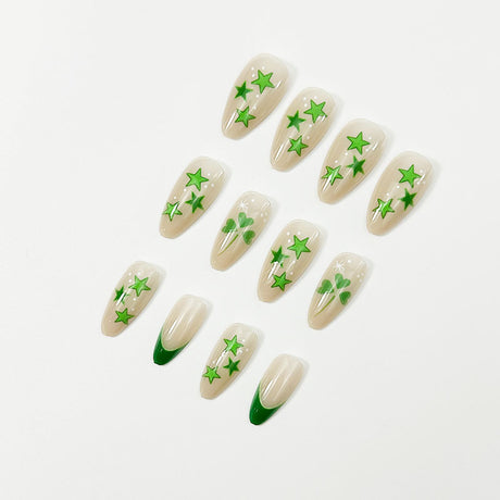 24pcs/Set Green French with Stars & Clover Press-On Nails
