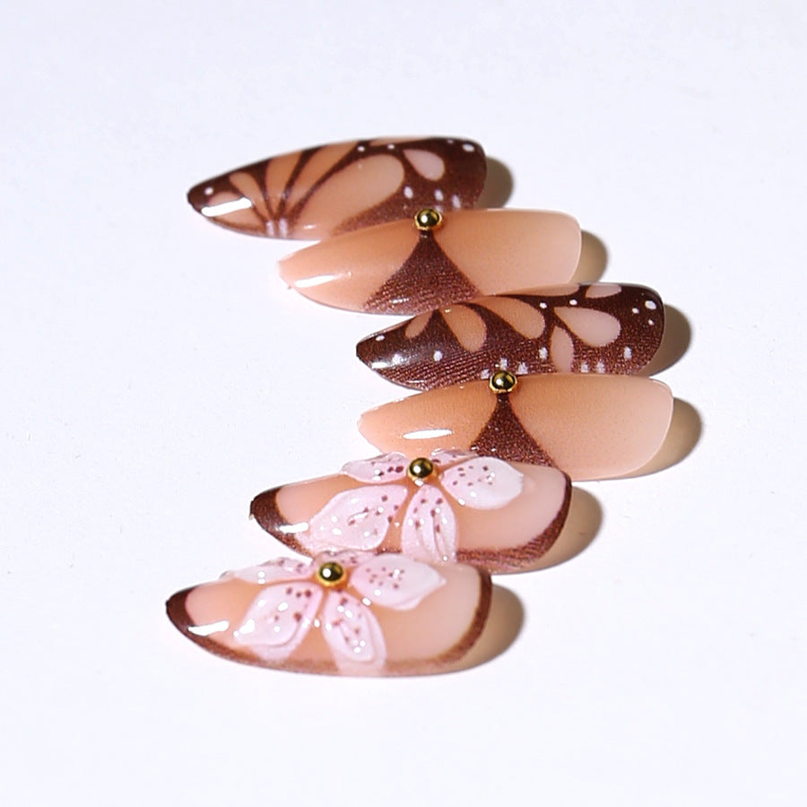 30pcs/Set Espresso French with 3D Floral Press-On Nails