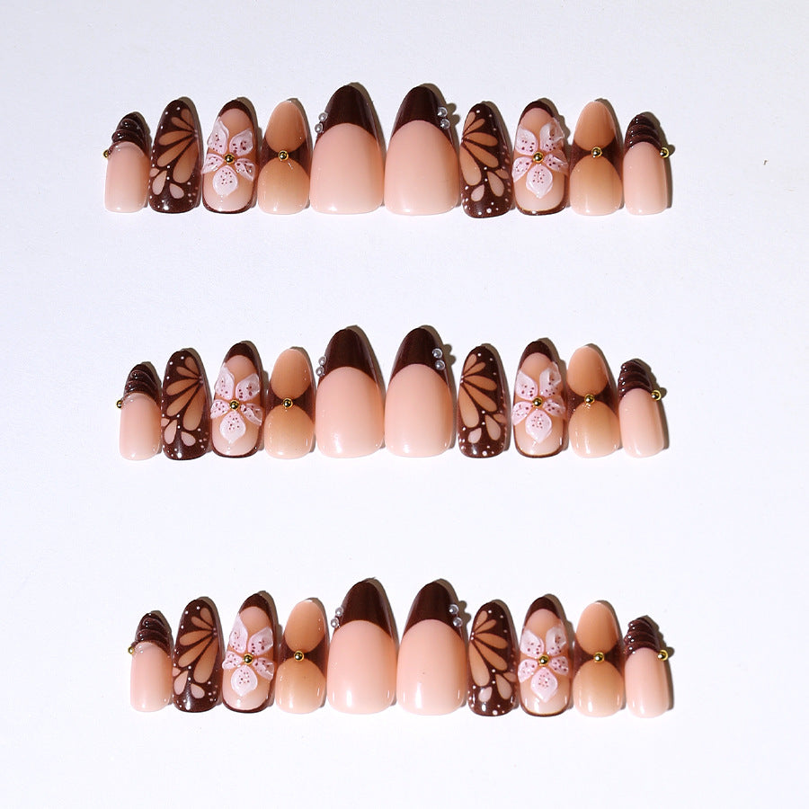 30pcs/Set Espresso French with 3D Floral Press-On Nails