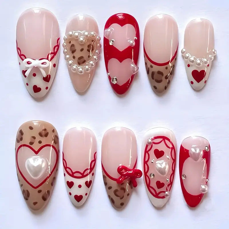 (Handmade) 10pcs/Set Valentine's Heart with 3D Bow Press on Nails