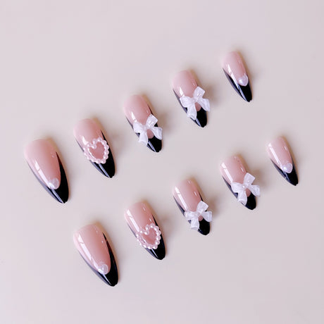 24pcs/Set Black French with 3D Bow & Heart Press-On Nails