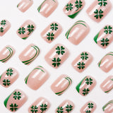 24pcs/Set Short Green French with Linework & Embossed Clover Press On Nails