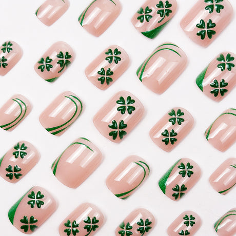 24pcs/Set Short Green French with Linework & Embossed Clover Press On Nails