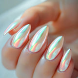 24pcs/Set Almond White Holographic Chrome Press-On Nails