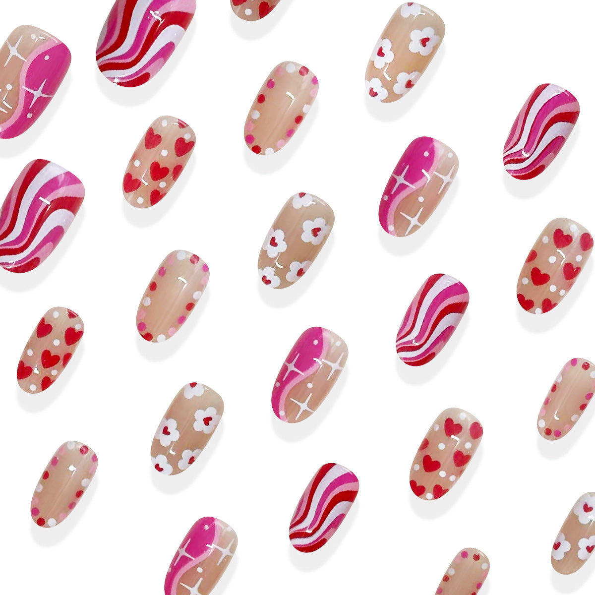 30pcs/Set Oval Pink Pop Stripe with Heart, Flowers & Valentine's Press-On Nails