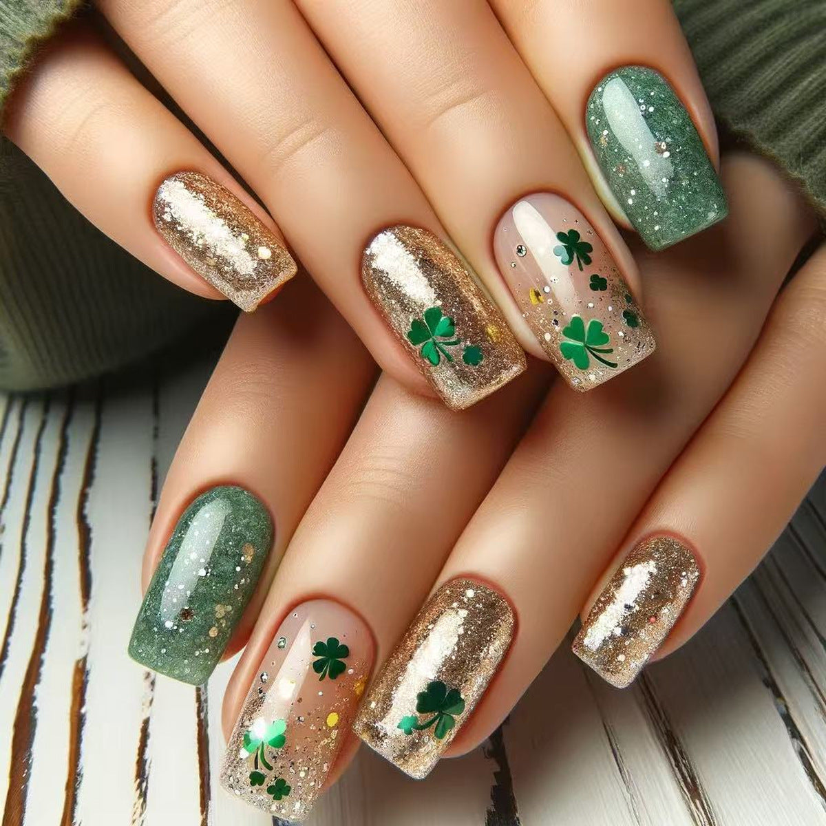 24pcs/Set St. Patrick's Green & Gold Bling Shamrock Press-On Nails