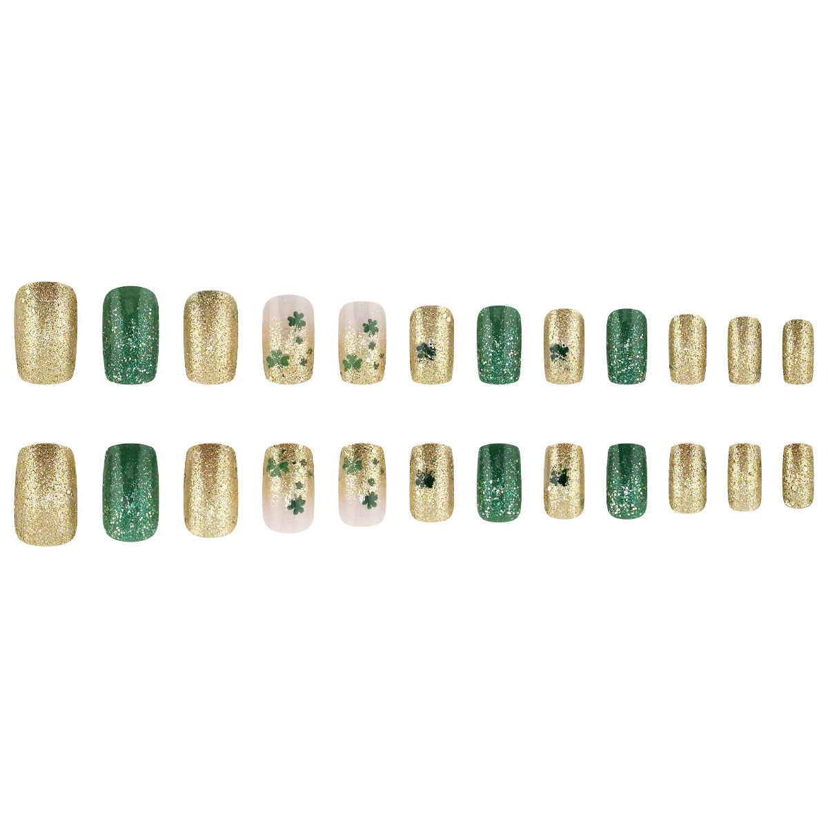 24pcs/Set St. Patrick's Green & Gold Bling Shamrock Press-On Nails