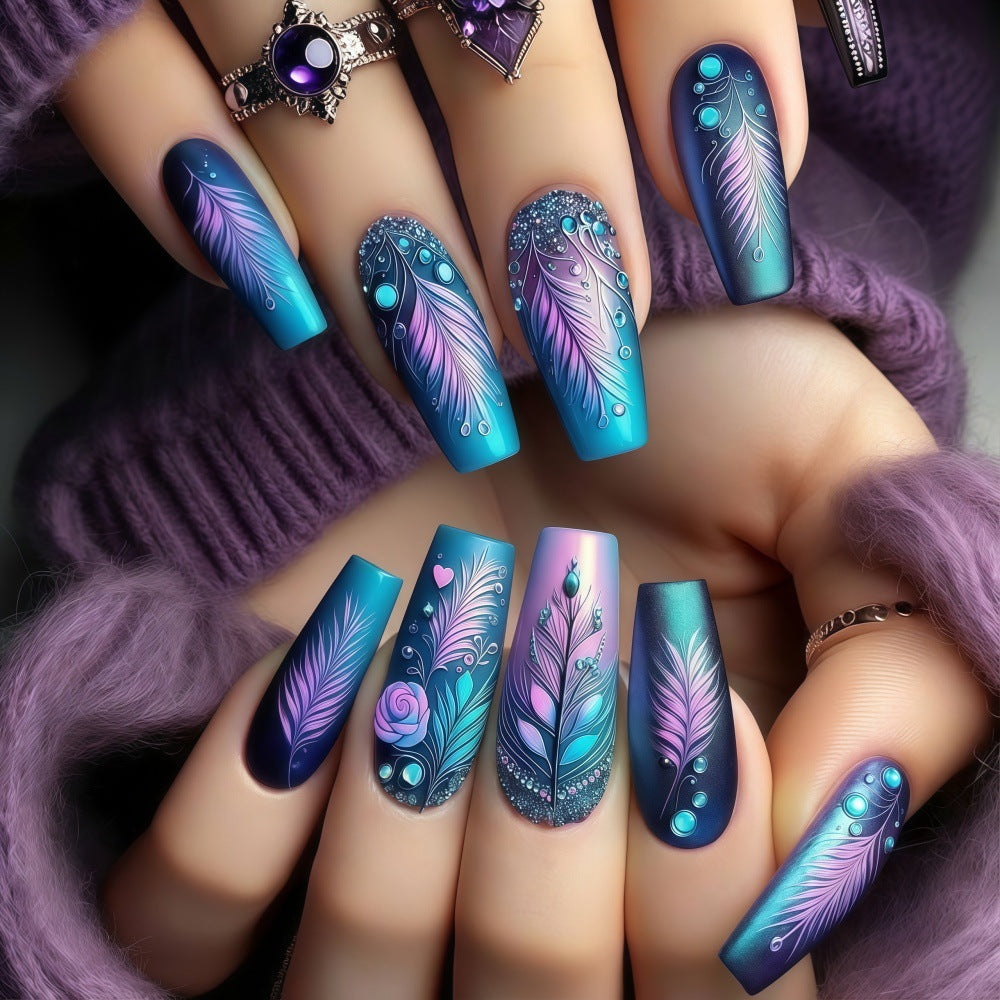 24pcs/Set Feather & Flower Press-On Nails