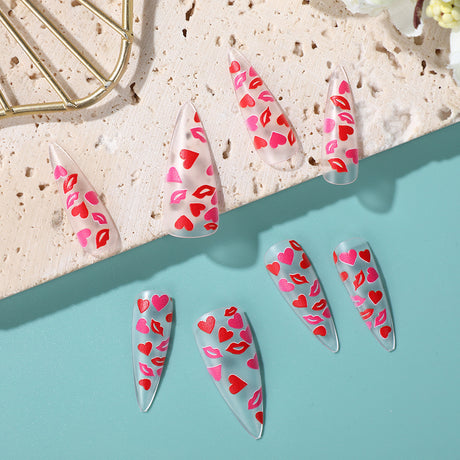 24pcs/Set Red Heart on Clear for Valentine's Press-On Nails