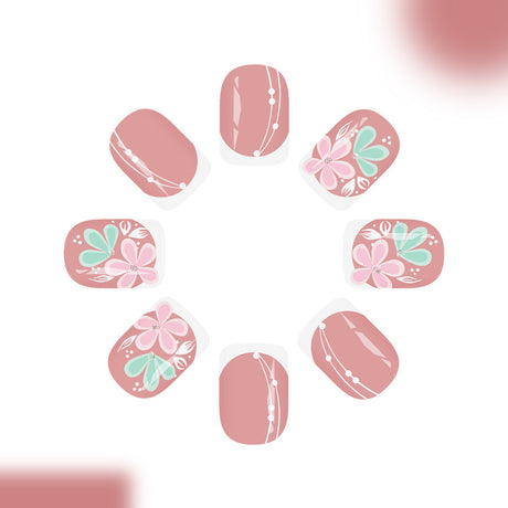 24pcs/Set Short White French with Pink & Green Flowers Press-On Nails