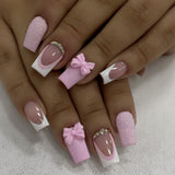 24pcs/Set Short French 3D Pink Bow Press-On Nails
