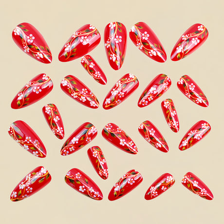 24pcs/Set Floral on Red Base Press-On Nails