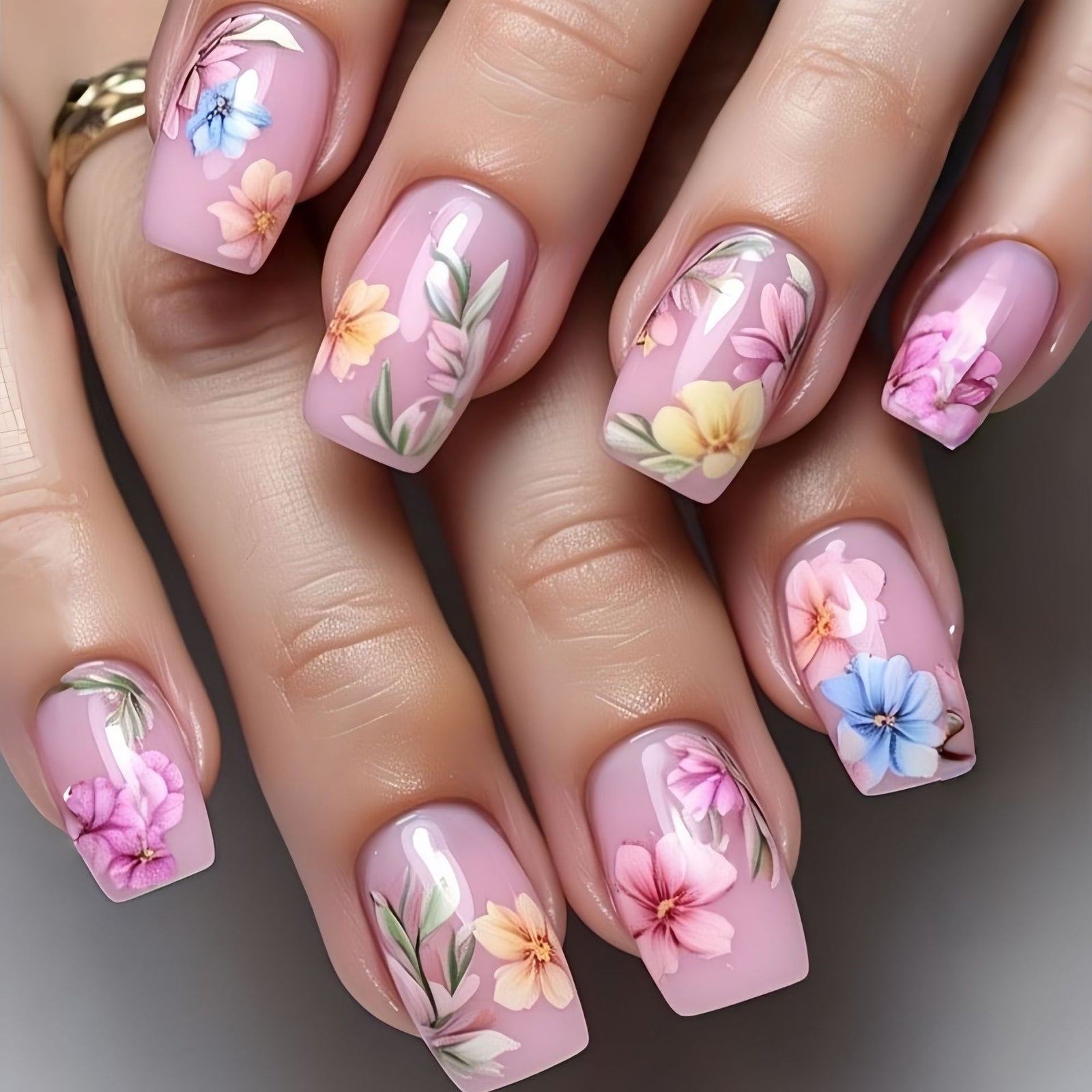 24pcs/Set Pink Flowers Press-On Nails
