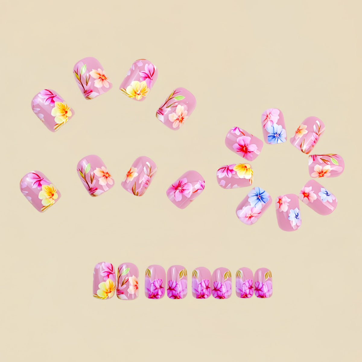 24pcs/Set Pink Flowers Press-On Nails