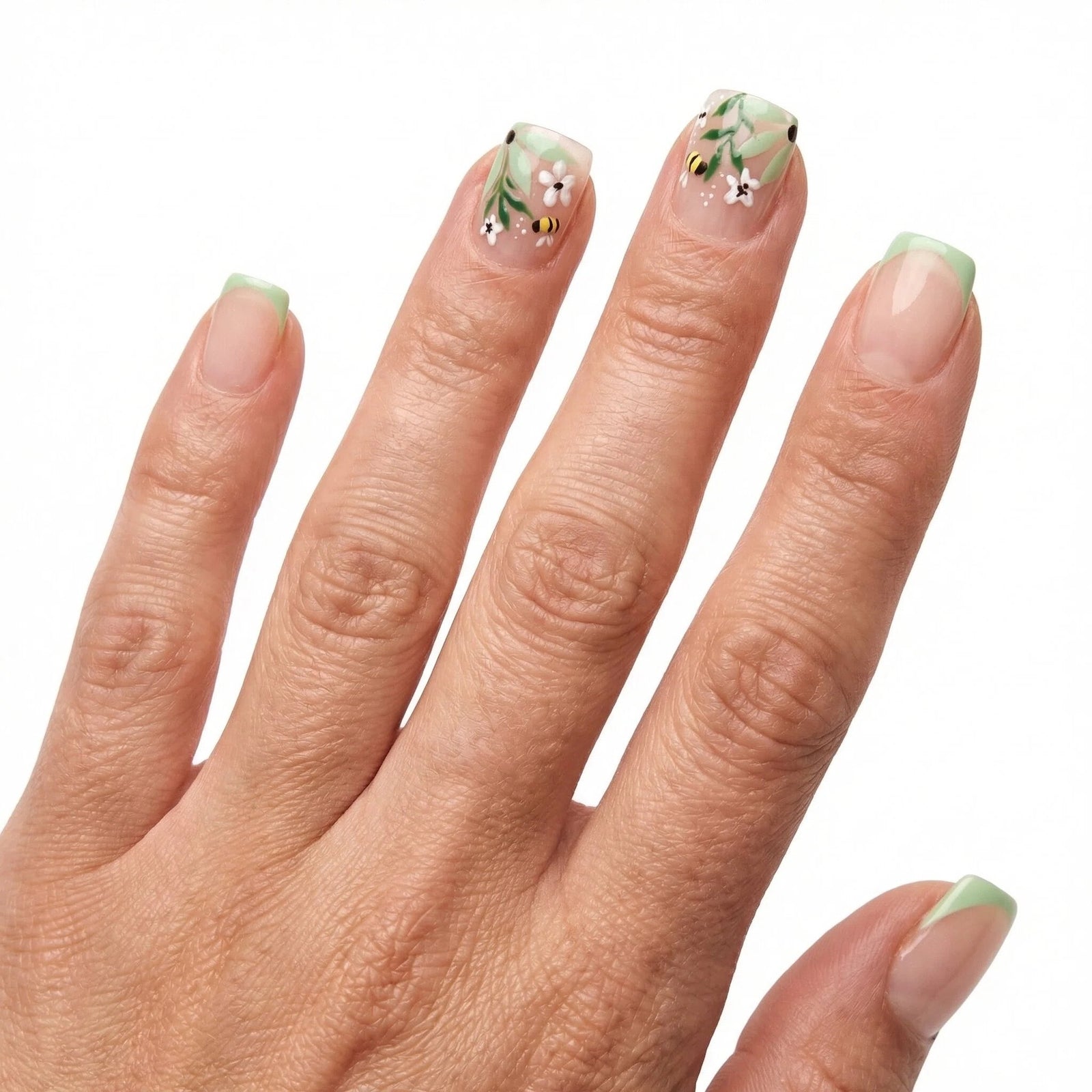 24pcs/Set French Green-Tone Little Bee Short Press-On Nails