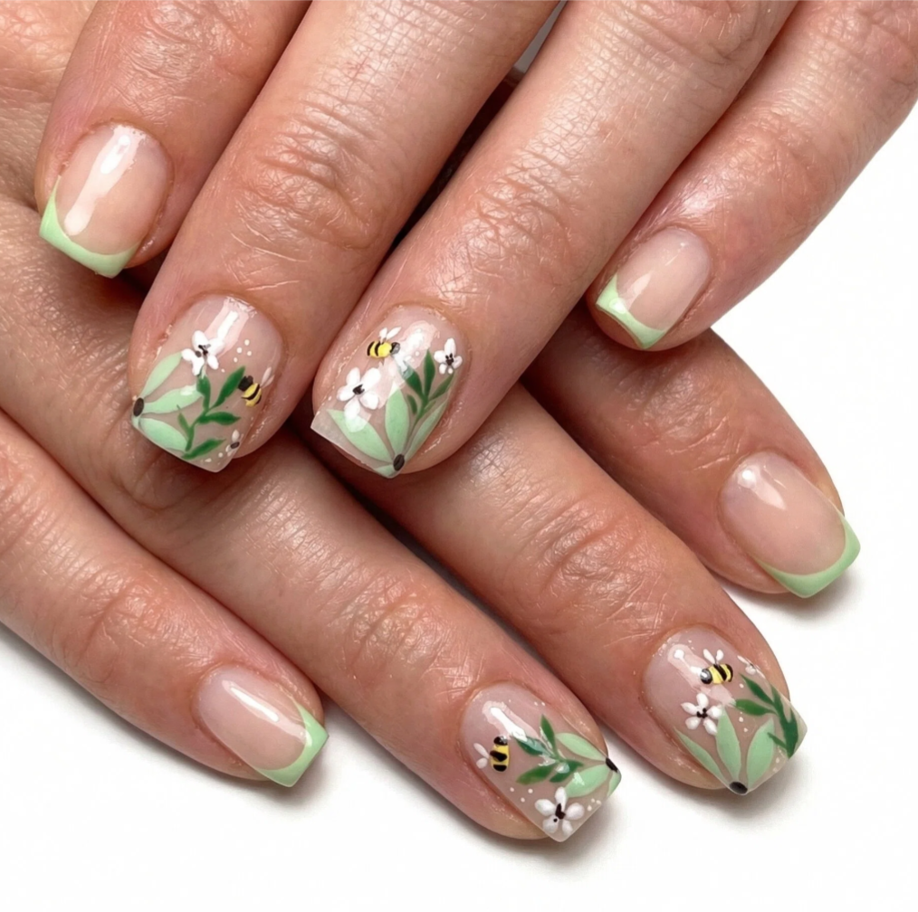 24pcs/Set French Green-Tone Little Bee Short Press-On Nails
