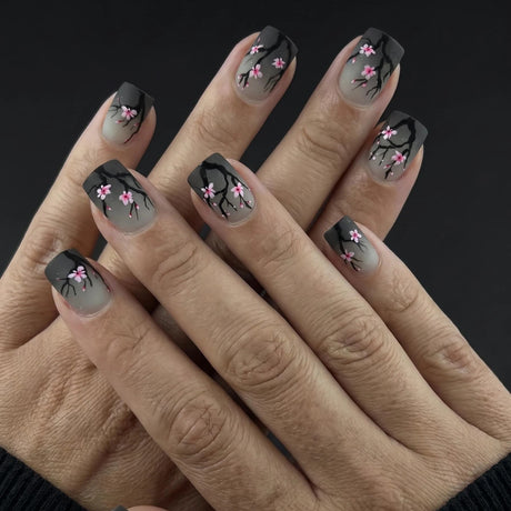 24pcs/Set Gray Small Flower Short Press On Nails