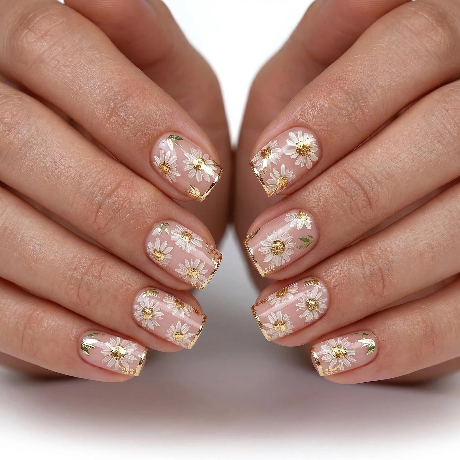 24pcs/Set Gold Stripes with White Flowers Press-On Nails
