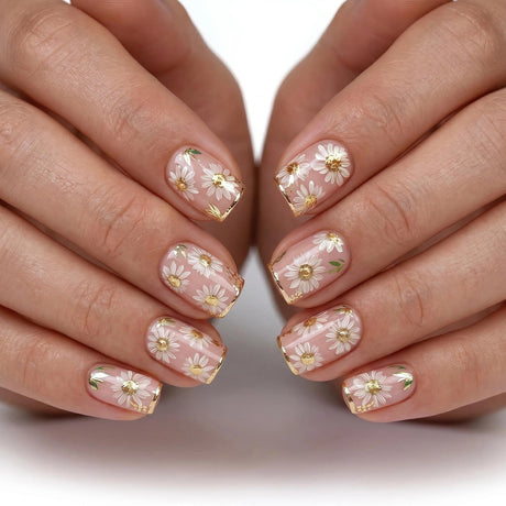 24pcs/Set Gold Stripes with White Flowers Press-On Nails