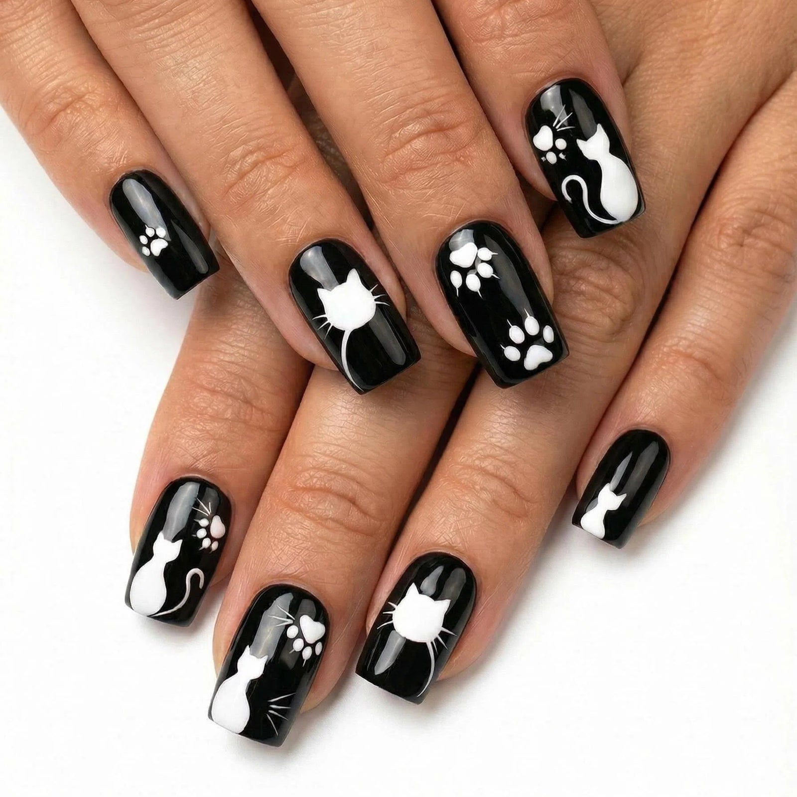 24pcs/Set Black Cartoon Cat Paw Short Press On Nails