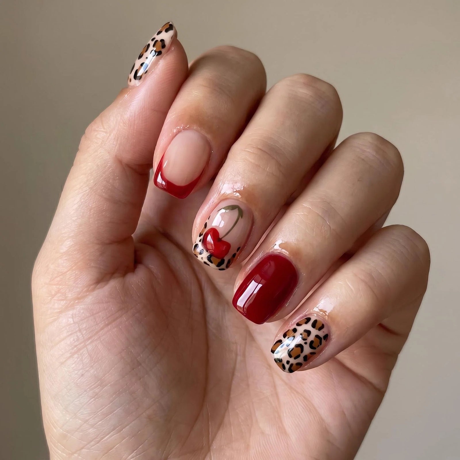 24pcs/Set Cherry French Leopard Press-On Nails