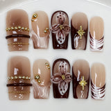 (Handmade) 10pcs/Set Brown Ombre with 3D Flowers Press-On Nails