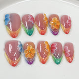 (Handmade) 10pcs/Set Pink & Orange Ombre 3D Sculpted Floral Press-On Nails