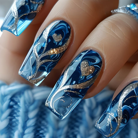 24pcs/Set Glitter Heart Blue Press-On Nails