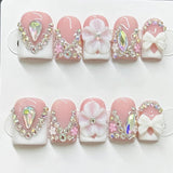 (Handmade) 10pcs/Set White 3D Carved Floral French Press-On Nails