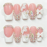 (Handmade) 10pcs/Set White 3D Floral French Press-On Nails