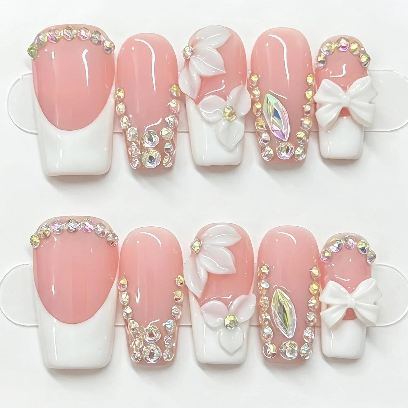(Handmade) 10pcs/Set White 3D Floral French Press-On Nails