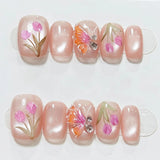 (Handmade) 10pcs/Set Blue 3D Sculpted Floral French Press-On Nails