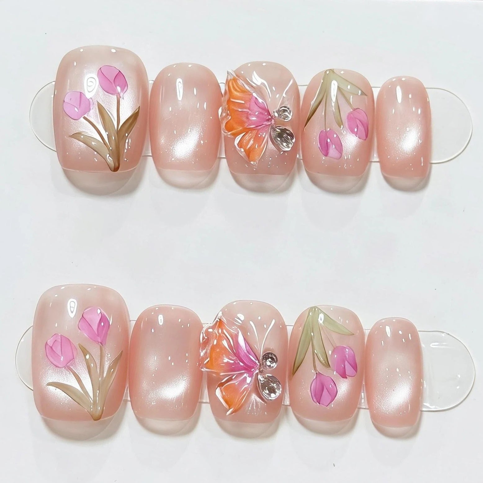 (Handmade) 10pcs/Set Blue 3D Sculpted Floral French Press-On Nails