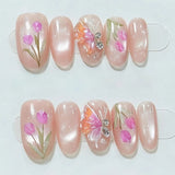(Handmade) 10pcs/Set Blue 3D Sculpted Floral French Press-On Nails