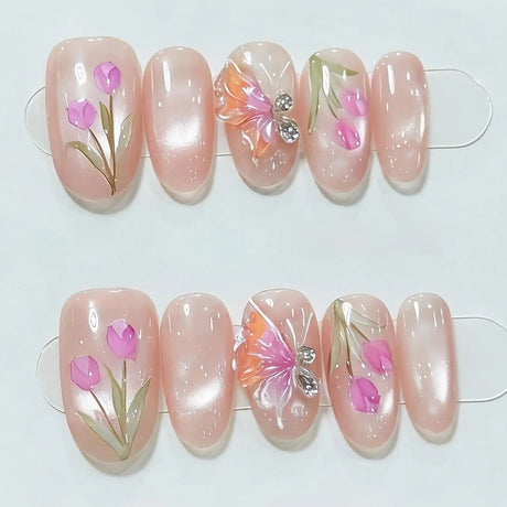 (Handmade) 10pcs/Set Blue 3D Sculpted Floral French Press-On Nails