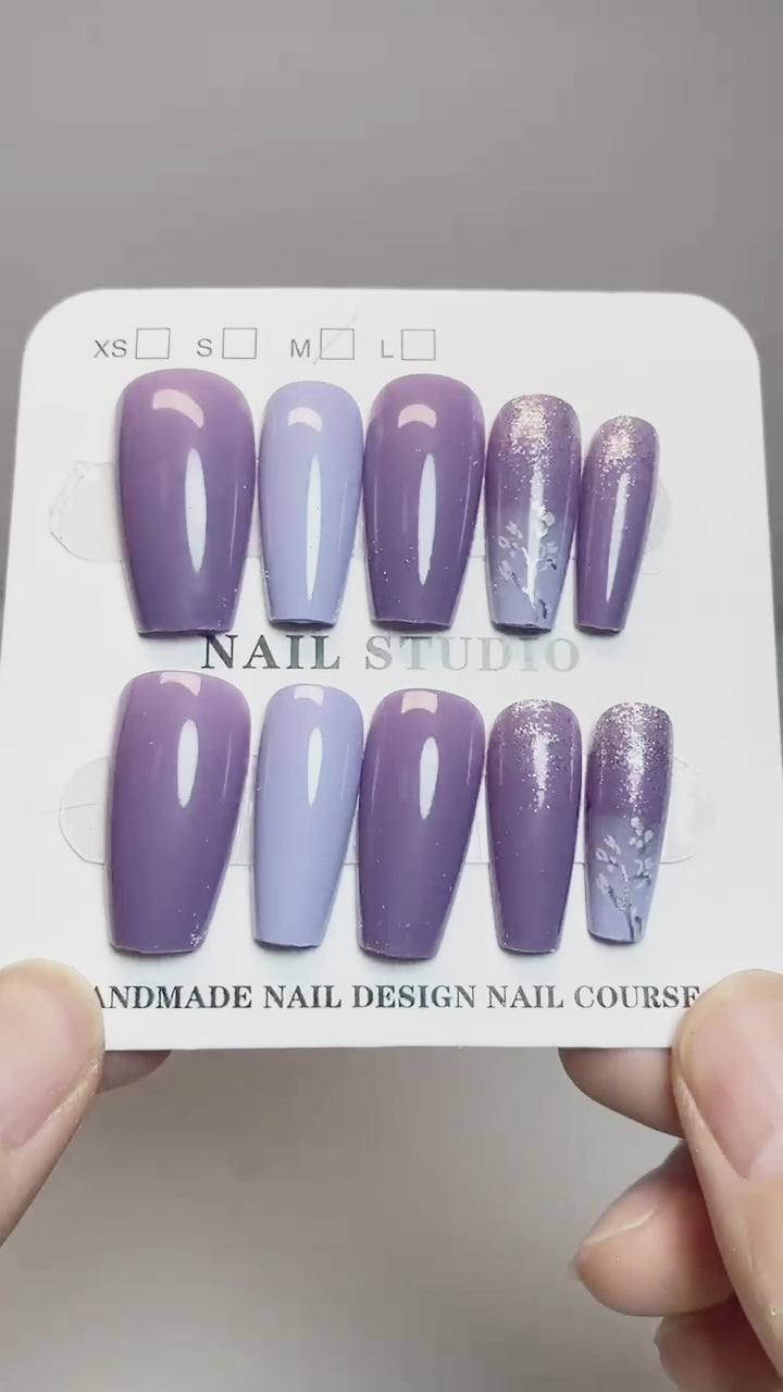 24pcs/Set Purple Vines and Flowers Press-On Nails